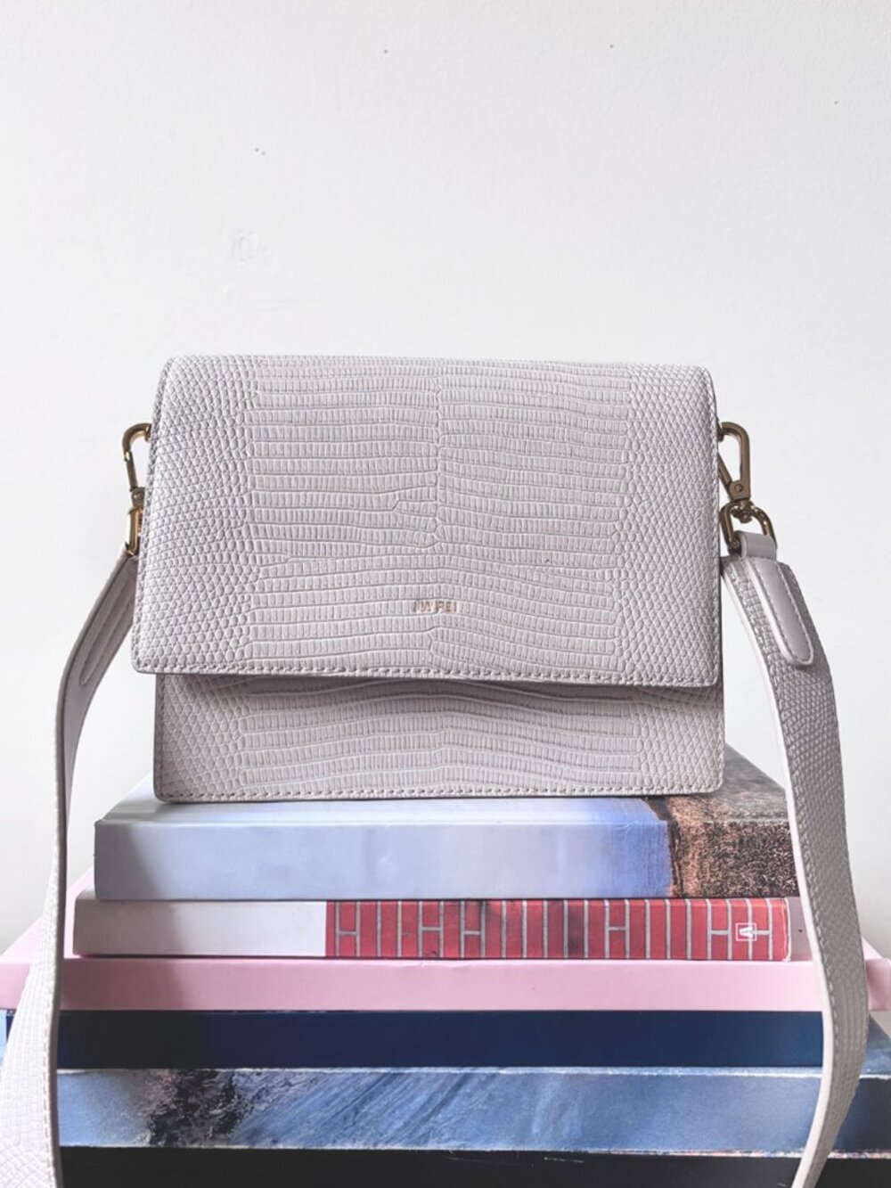 W PEI Mini Flap Crossbody Bag Ivory Lizard Embossed Vegan Leather Gold Hardware